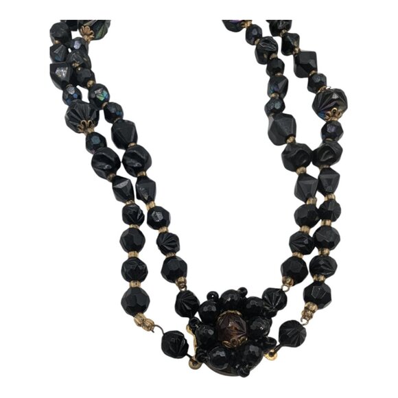 Vintage Western Germany Double-Strand Black Iridescent Bead Necklace Box Clasp - Picture 5 of 9